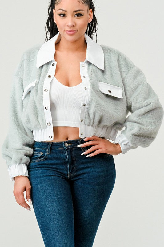 Women Athina Drop Shoulder Denim Contrast Fur Crop Jacket Zarnesh
