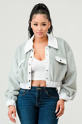 Women Athina Drop Shoulder Denim Contrast Fur Crop Jacket Zarnesh