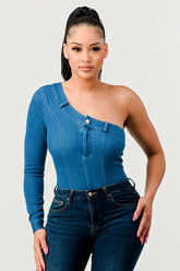 Women Athina One Shoulder Seamless Back Fit Denim Bodysuit Zarnesh