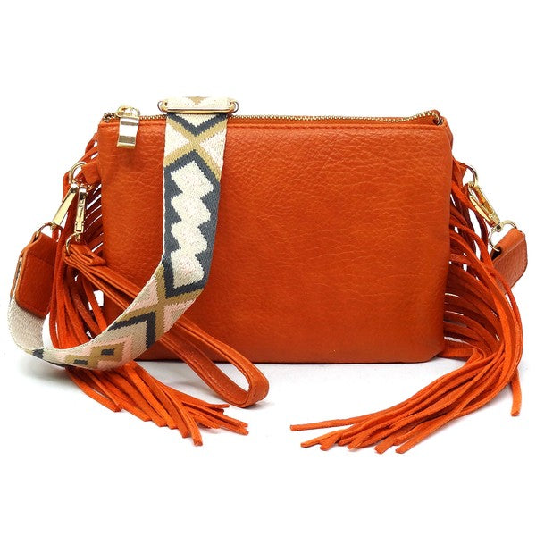 Women Aztec Guitar Strap Fringe Clutch Crossbody Bag Zarnesh