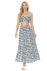 Women Floral Ankle Length Maxi Skirt Strapless Fitted Top Set Zarnesh