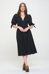 Women Puff Sleeve Lined Tie Elastic Button Down Midi Dress Zarnesh
