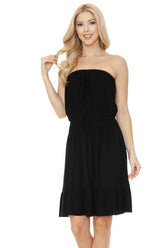 Women Smocked Knee Length Strapless Fitted Tube Midi Dress Zarnesh