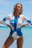 Women Blue Tropical Long Sleeve One Piece Surfing Swimsuit | Zarnesh