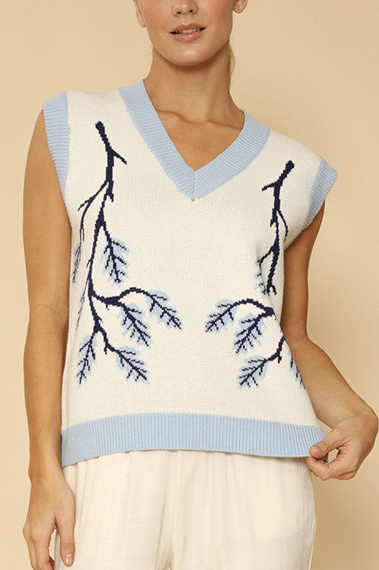 Women Branch Intarsia V Neckline Sleeveless Knit Sweater Vest Zarnesh