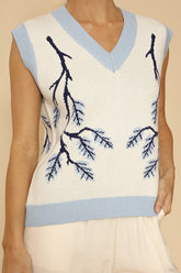 Women Branch Intarsia V Neckline Sleeveless Knit Sweater Vest Zarnesh