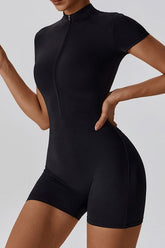 Women Breathable Zippered Short Sleeves Solid Color Jumpsuit Zarnesh