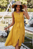 Women Button Front Drawstring Round Neck Sleeveless Midi Dress Zarnesh