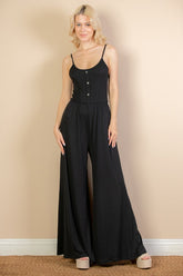 Women Button Sleeveless Elastic Waistband Wide Leg Jumpsuit Zarnesh