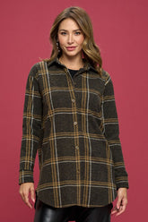 Women Collar Checkered Plaid Print Flannel Top with Hi Lo Hem Zarnesh