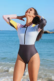 Women Color Block Front Zip One Piece UPF50 Rash Guard | Zarnesh