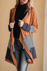 Women Colorblock Striped Waffle Patchwork Open Cardigan | Zarnesh