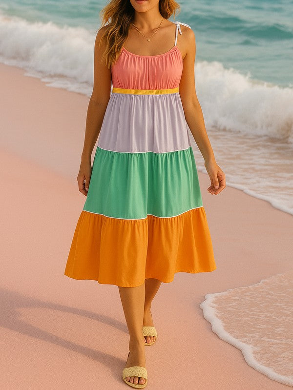 Women Cotton Color Self Tie Straps Block Maxi Dress Zarnesh