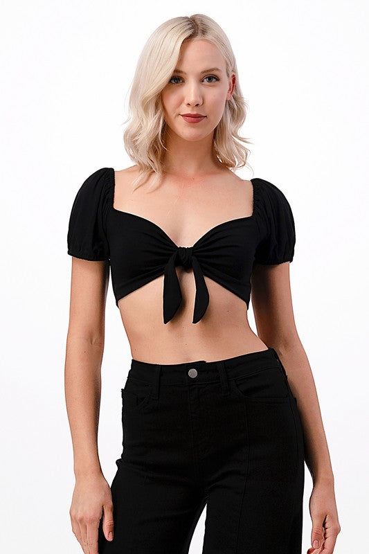 Women Cross Strap Sweetheart Neck Puff Sleeves Crop Top Zarnesh