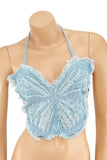 Women Denim Butterfly Cropped Back Tie Straps Halter Bralette Zarnesh