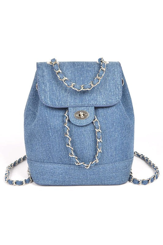 Women Denim Fashion Chain Drawstring Mini Backpack Zarnesh