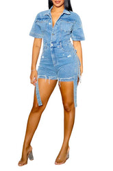 Women Denim Pockets Button Closure Zipper Fitted Dazzle Romper Zarnesh