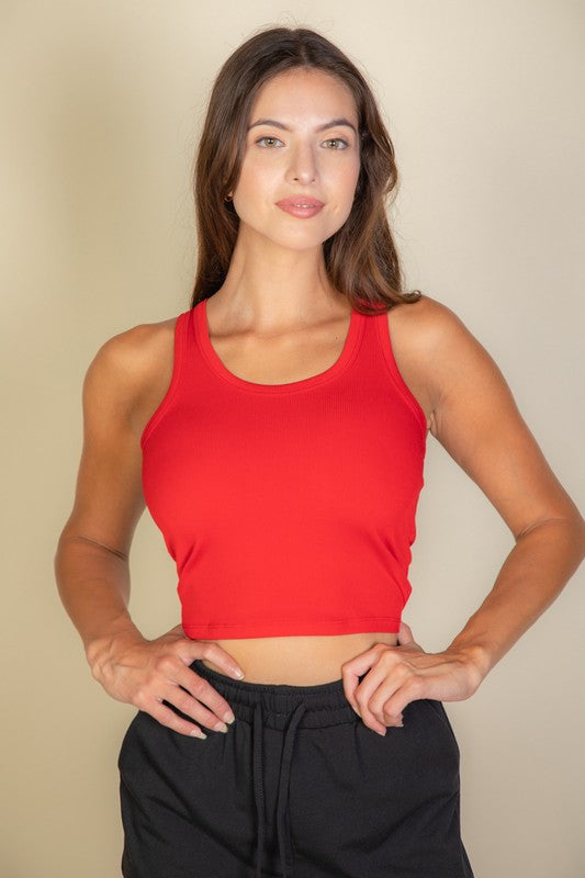 Women Figure Hugging Fit Ribbed Knit Scoop Neck Crop Tank Top Zarnesh