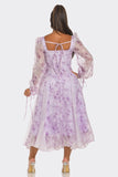 Women Fitted Bodice Square Neckline Lavender Blossom Puff Sleeve Dress Zarnesh