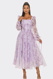 Women Fitted Bodice Square Neckline Lavender Blossom Puff Sleeve Dress Zarnesh