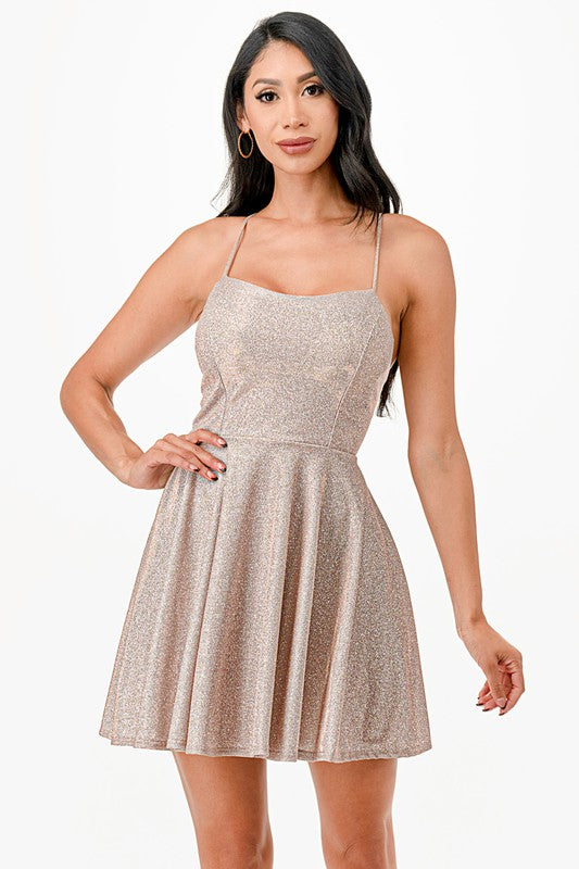Women Flattering Fit Sparkling Spaghetti Strap Cocktail Dress Zarnesh