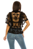 Women Floral Lace V Neck Tie Front Flutter Sleeves Black Top Zarnesh