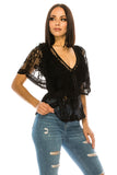 Women Floral Lace V Neck Tie Front Flutter Sleeves Black Top Zarnesh