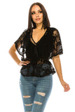 Women Floral Lace V Neck Tie Front Flutter Sleeves Black Top Zarnesh