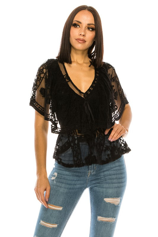 Women Floral Lace V Neck Tie Front Flutter Sleeves Black Top Zarnesh