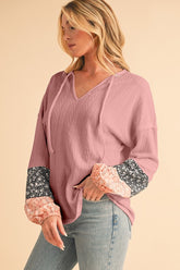 Women Floral Patchwork V Neck Drop Sleeve Drawstring Top Zarnesh