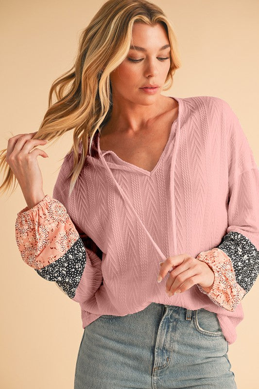 Women Floral Patchwork V Neck Drop Sleeve Drawstring Top Zarnesh