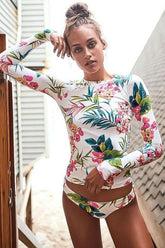 Women Floral Print Split Pullover Long Sleeve Rash Guard Zarnesh