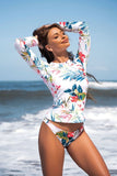 Women Floral Print Split Pullover Long Sleeve Rash Guard Zarnesh