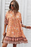 Women Floral Tie Neck Detail Short Sleeves Babydoll Shift Dress Zarnesh