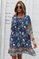Women Floral Tie Neck Detail Short Sleeves Babydoll Shift Dress Zarnesh