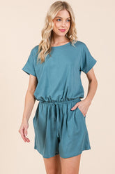 Women Folded Drop Shoulder Tie Back Romper Side Pockets Zarnesh