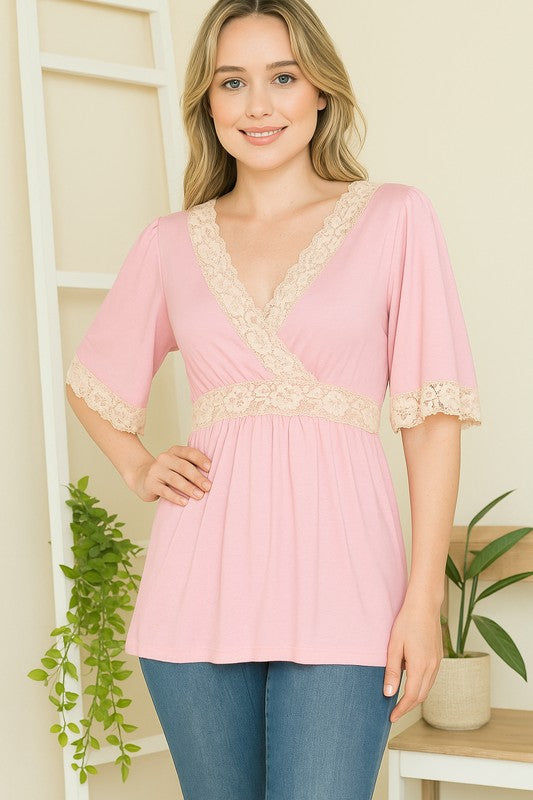 Women Front Wrap Lace Detailed Short Sleeve Tunic Top Zarnesh