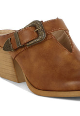 Women Holler Carved Buckle Statement Block Heel Mules | Zarnesh