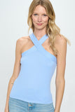 Women Knit Criss Cross Halter Neck Sleeveless Cami Top Blue Zarnesh