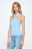 Women Knit Criss Cross Halter Neck Sleeveless Cami Top Blue Zarnesh