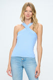 Women Knit Criss Cross Halter Neck Sleeveless Cami Top Blue Zarnesh