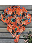 Women Leaf Floral Print Front Zip Long Sleeve Rash Guard Zarnesh