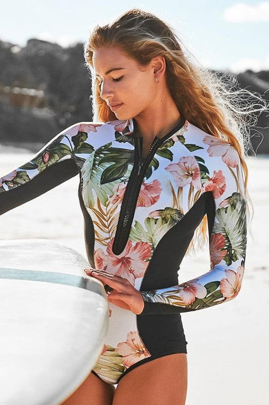 Women Leaf Print UPF50 Rash Guard Beach Water Sports | Zarnesh