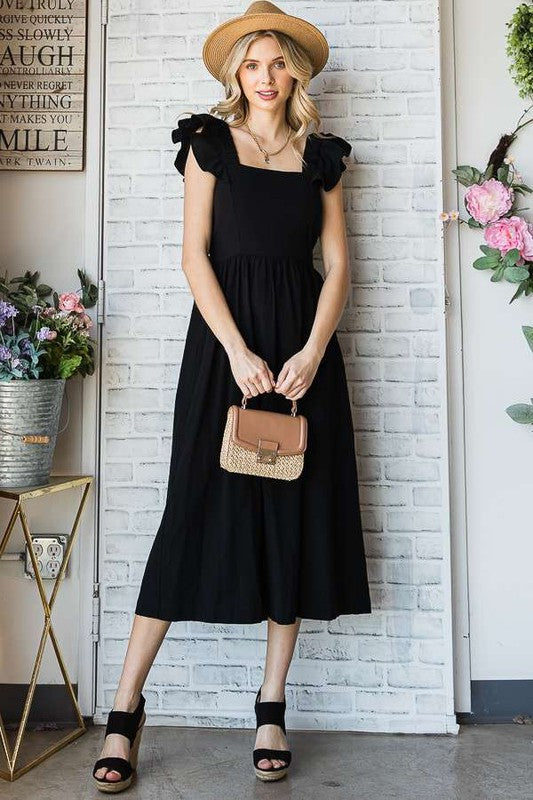 Women Linen Square Neck Ruffle Strap Sleeves Midi Dress Tie Back Zarnesh