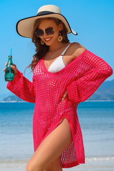 Women Loose Fit V Neck Crochet Side Split Beach Cover Up Zarnesh