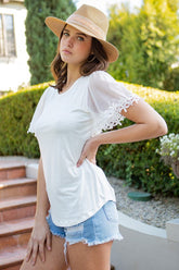 Women Mesh Flutter Sleeve Knit Round Neck Jersey Pull On Top Zarnesh