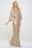 Women Metallic Fabric V Neck Kimono Sleeve Wide Leg Jumpsuit Zarnesh