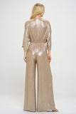 Women Metallic Fabric V Neck Kimono Sleeve Wide Leg Jumpsuit Zarnesh