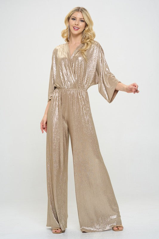 Women Metallic Fabric V Neck Kimono Sleeve Wide Leg Jumpsuit Zarnesh