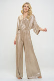 Women Metallic Fabric V Neck Kimono Sleeve Wide Leg Jumpsuit Zarnesh